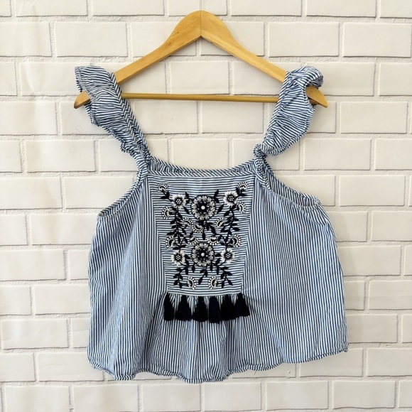 ZARA Blue White Stripe Embroidered Tassel Square Neck Ruffle Strap Tank Top M - Picture 1 of 9